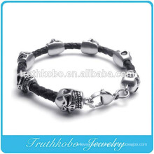 Handmade wholesale Skull Charm Beads Braided Leather Bracelet